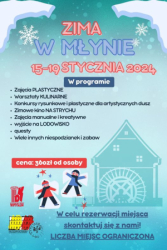 Plakat promujący zajęcia dla dzieci "Zima w młynie"