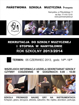 Ogłoszenie o rekrutacji do szkoły muzycznej w Namysłowie