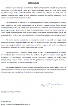Oświadczenie - ROZŁAM w namysłowskiej PO