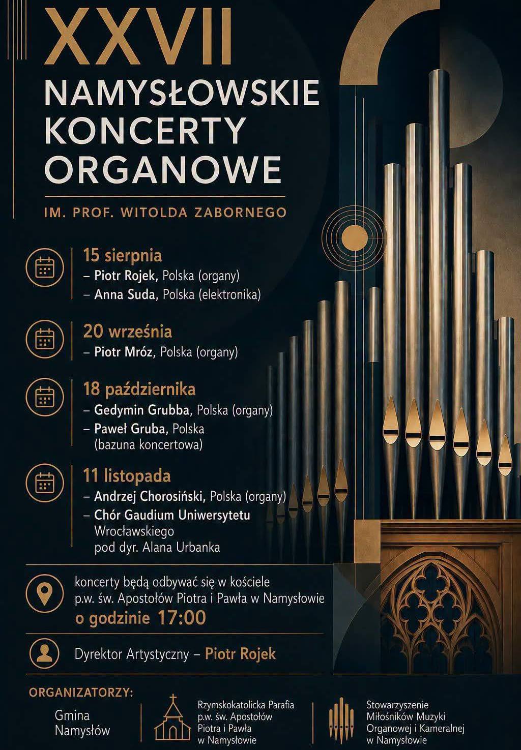 Plakat z harmonogramem Namysłowskich Koncertów Organowych w 2026 roku