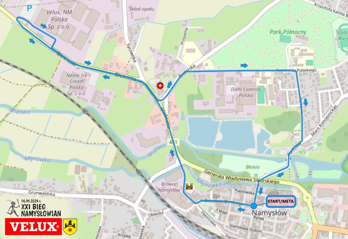 Mapa z trasą namysłowskiego biegu.